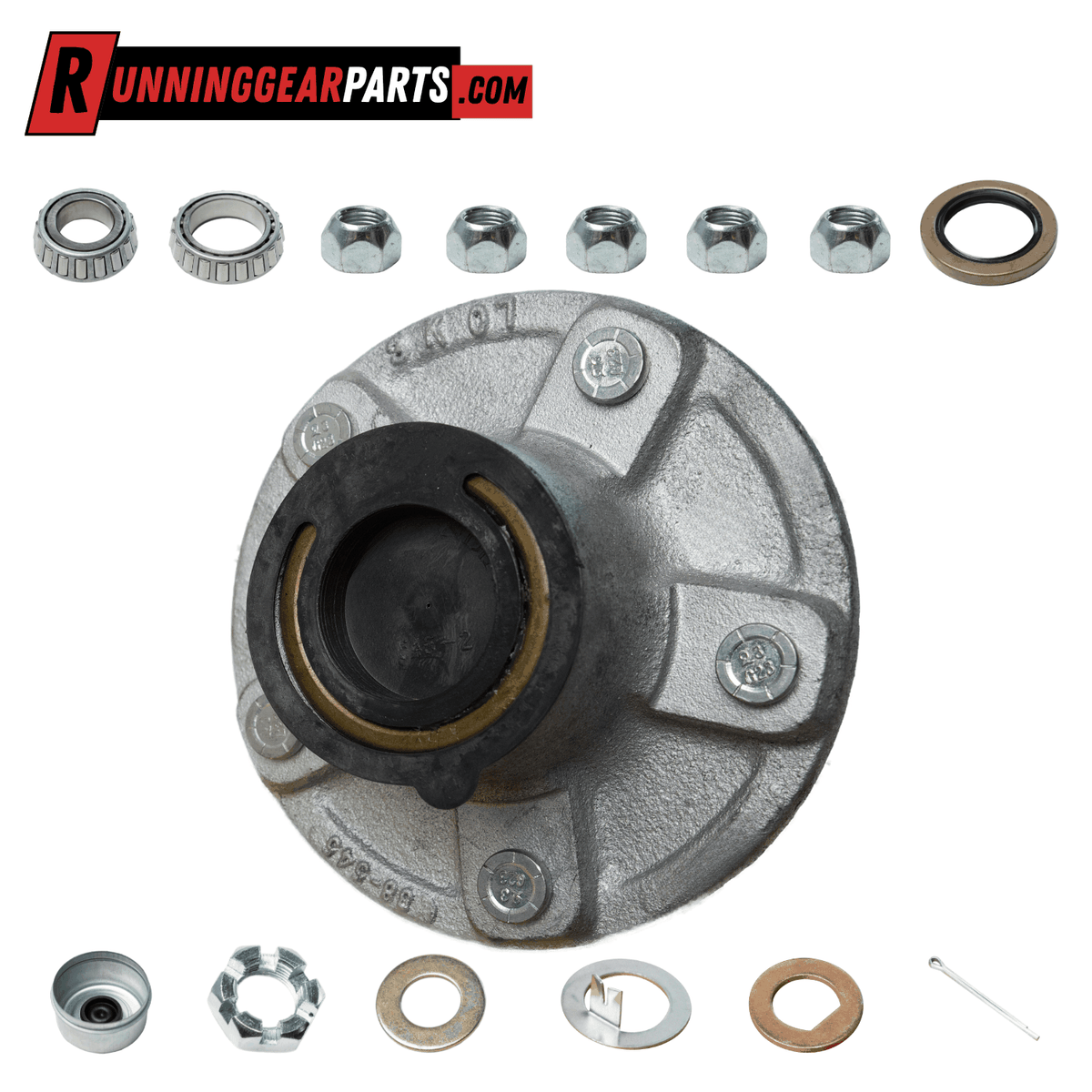 RGP 3,500 lb Trailer Idler Hub Kit with a galvanized silver hub, black EZ Lube cap, five studs, bearings, and hardware.