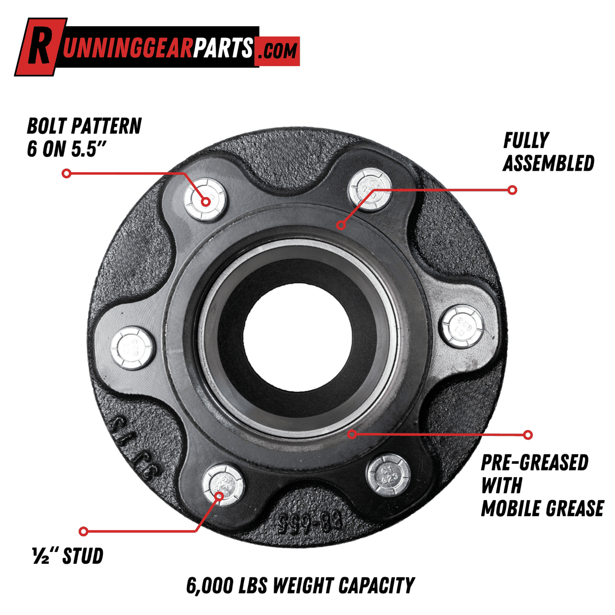 RGP 6000 lb Axle Trailer Idler Hub Kit with a black cast-metal hub, six-hole bolt pattern, ½-inch studs and pre-greased assembly.