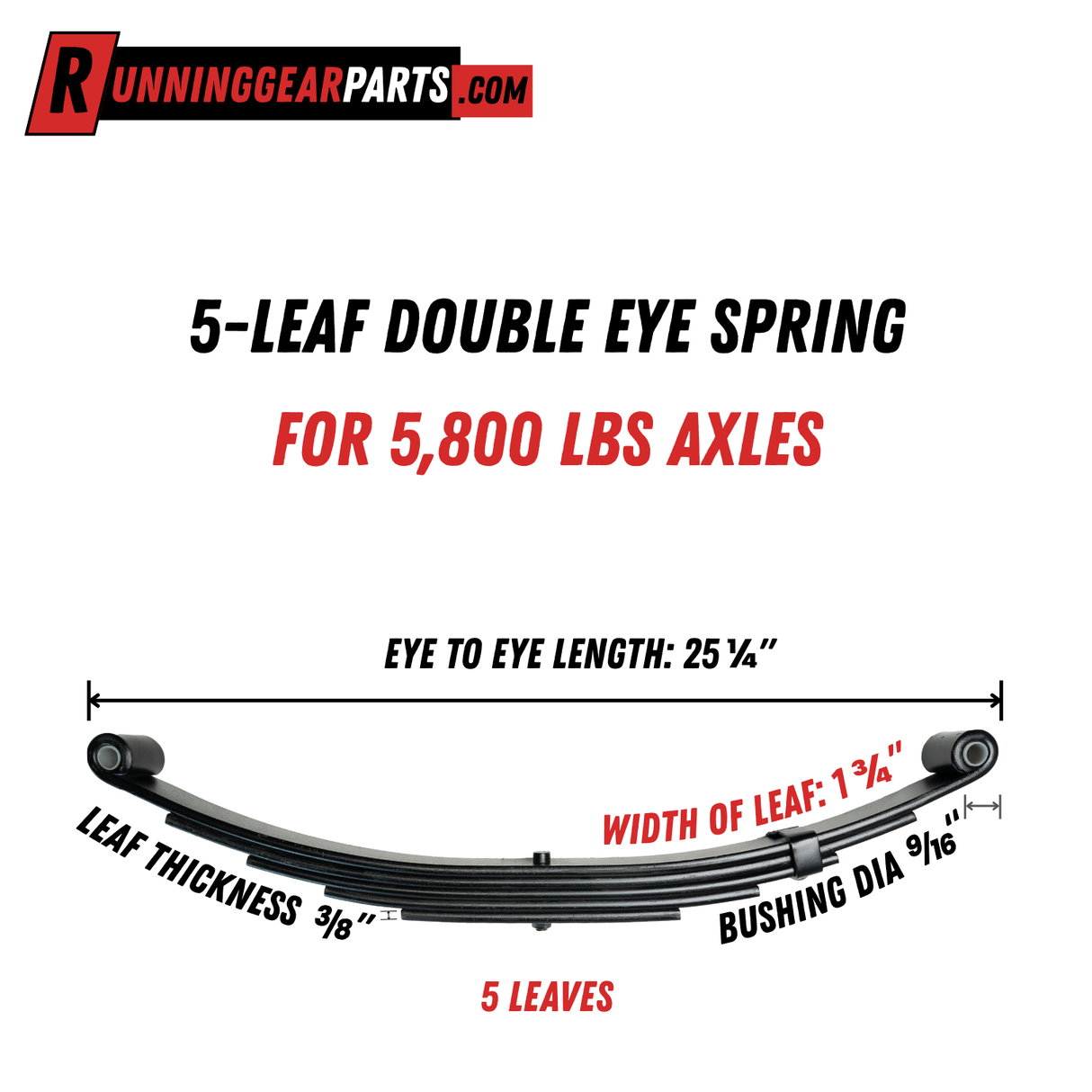 5,200 - 6,000 lb Axles 25.25" Free Length, 1-3/4" Width, 5-Leaf Double Eye Trailer Springs