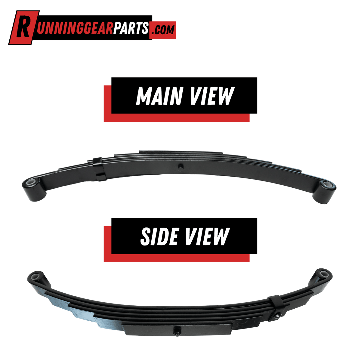 Black steel five-leaf double-eye trailer spring with curved stacked leaves and round bushings, for RGP 5,200 - 6,000 lb Axles.