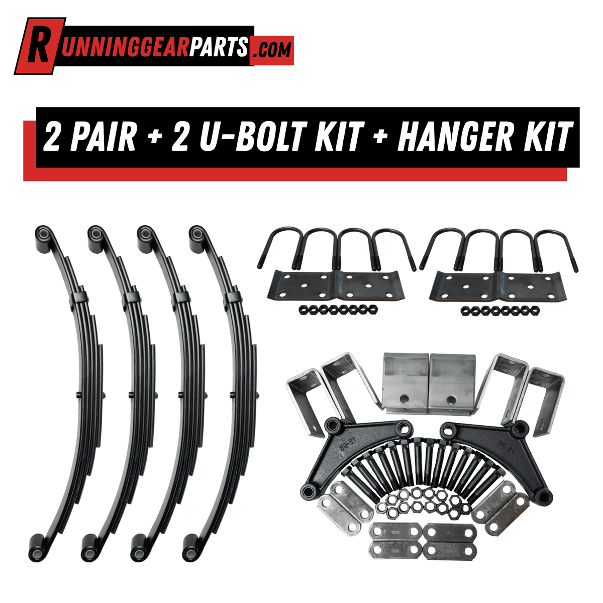 RGP 5,200 - 6,000 lb Axles suspension kit with black steel leaf springs, U-bolts, hangers and hardware.