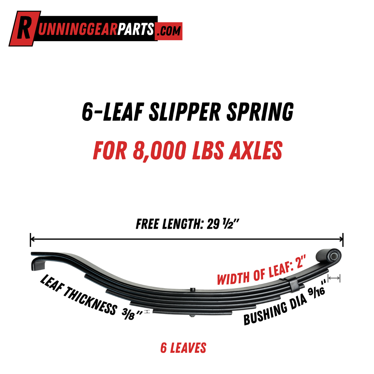 Trailer slipper spring, black steel 6-leaf design with curved ends and a 9/16-inch bushing; RGP 8,000 lb Trailer Axles fit.