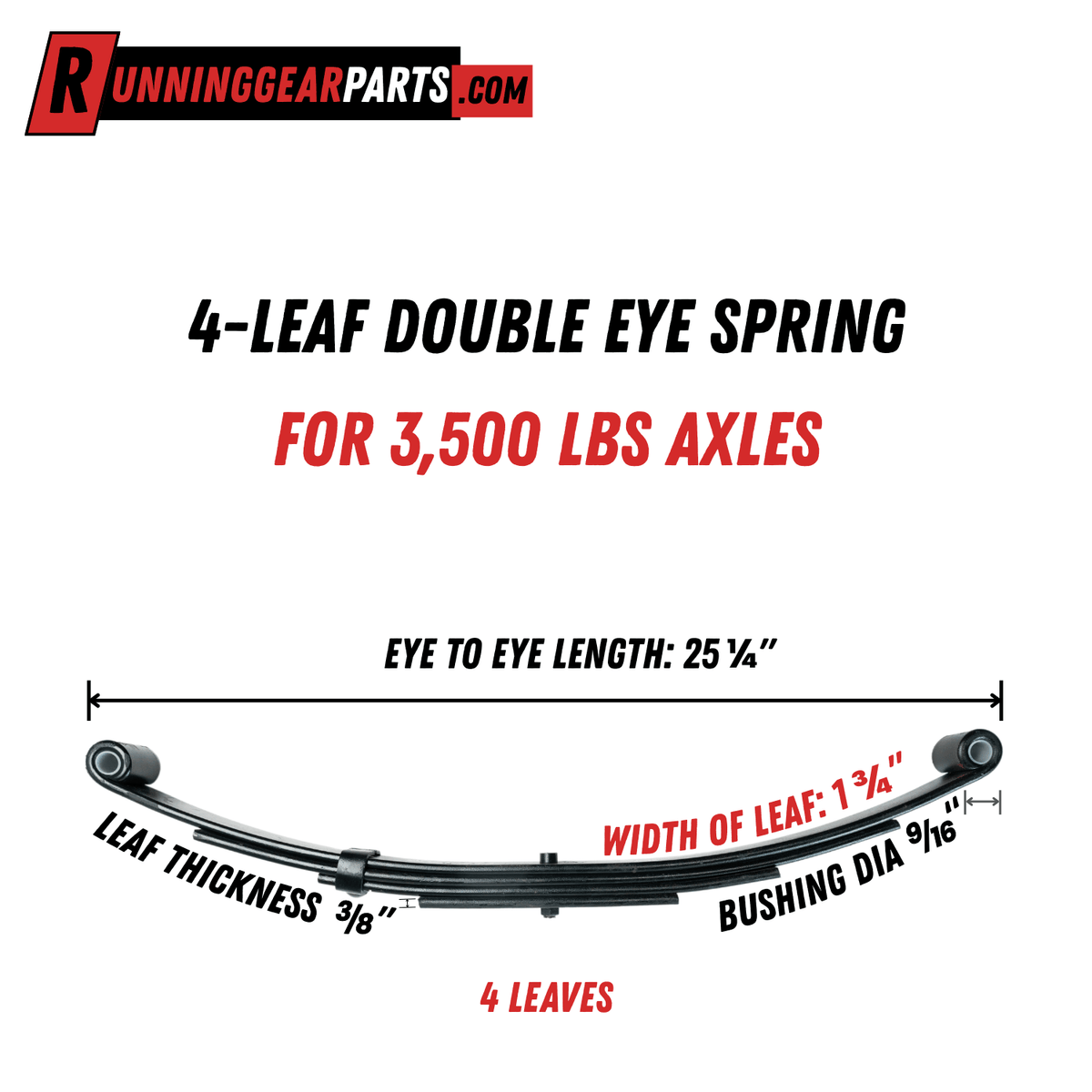 Trailer leaf spring, metallic gray layered steel with double-eye ends; RGP 3,500 lb Axles, four-leaf design.
