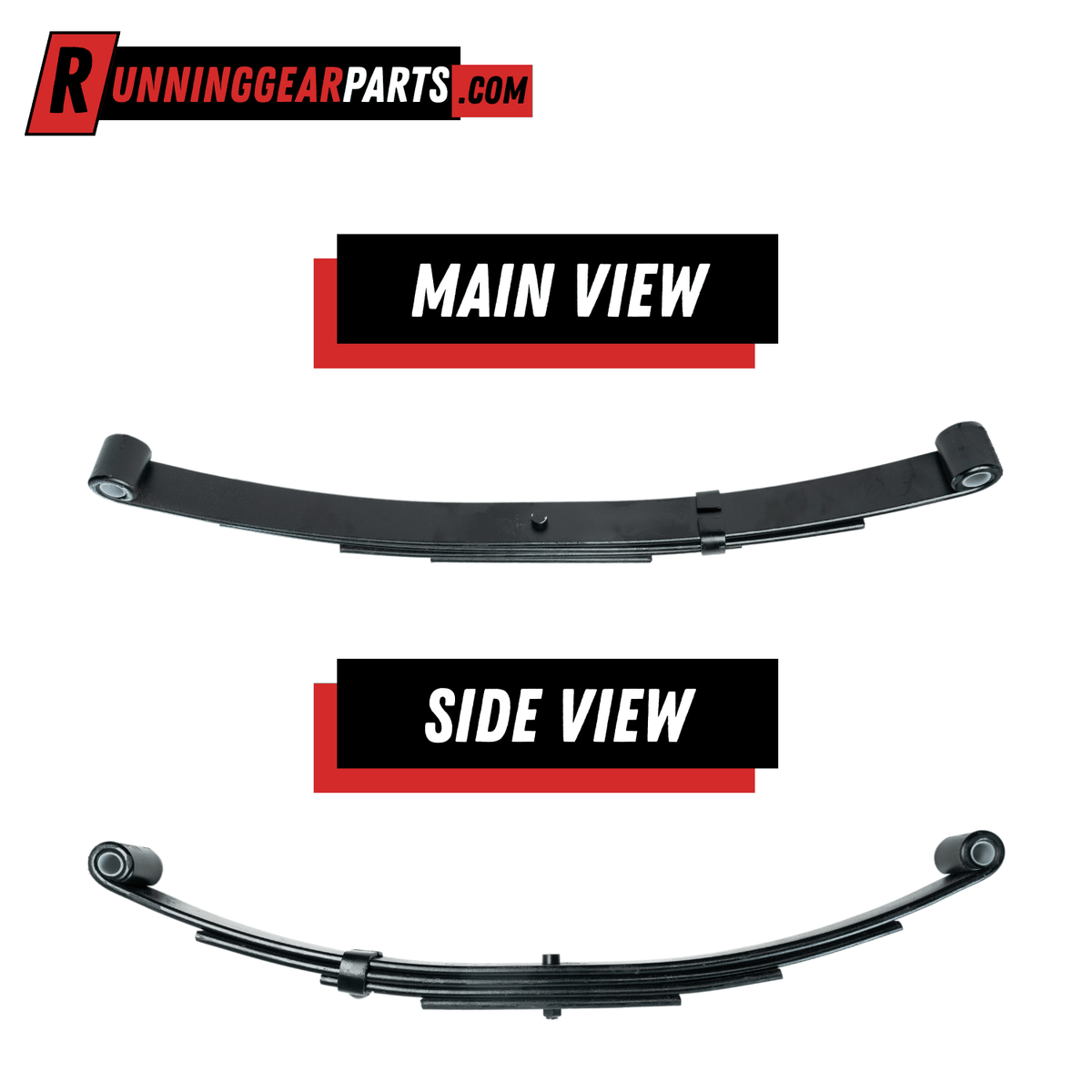 Trailer leaf spring for RGP 3,500 lb Axles, black steel with a curved four-leaf stack and double-eye ends.