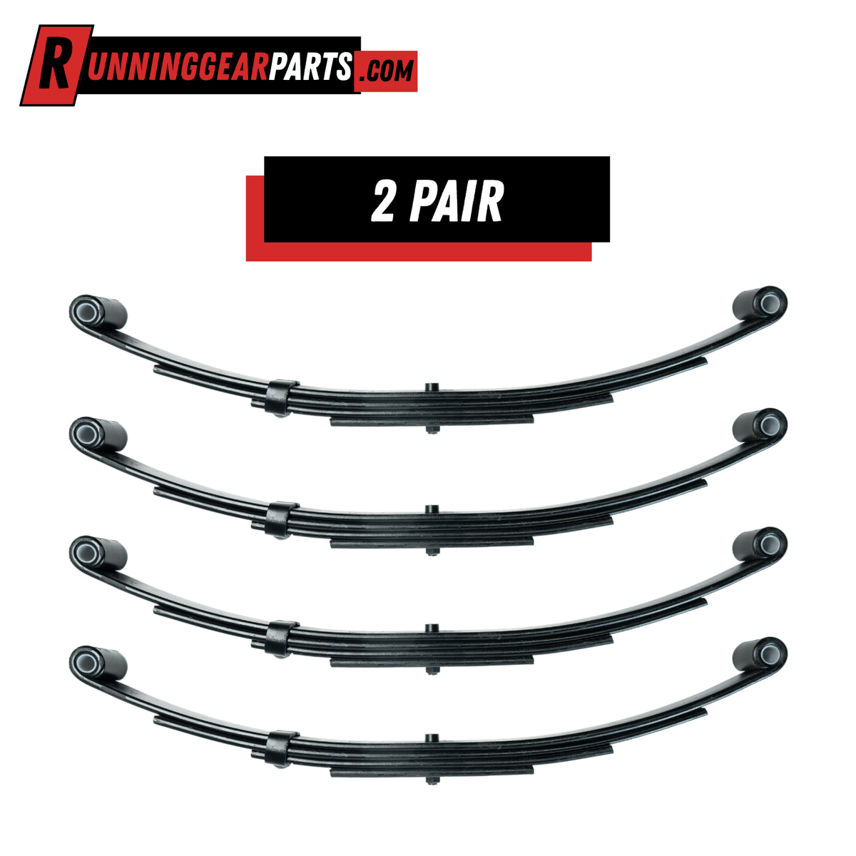 RGP 3,500 lb Axles trailer leaf springs, four black steel double-eye springs with curved four-leaf design and bushings.