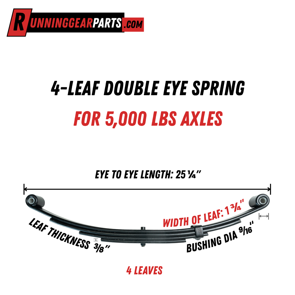 4-leaf double eye spring for 5000 lb axles, 25-1/4" free length, 1-3/4" wide