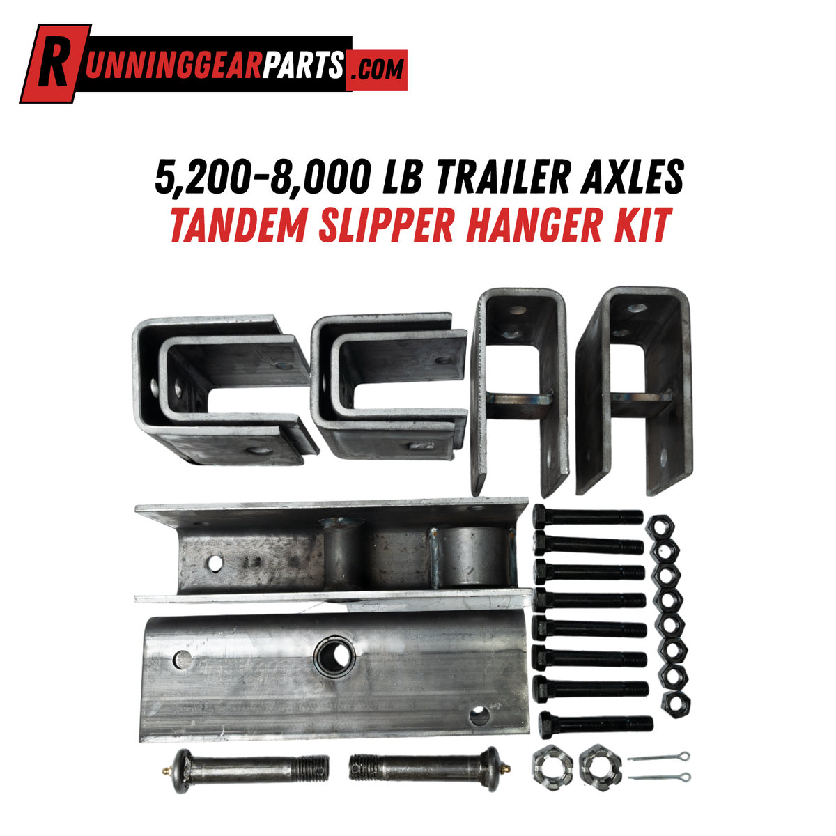 RGP 5,200-8,000 lb Trailer Axles tandem slipper hanger kit with silver steel brackets, equalizers, and black bolts.