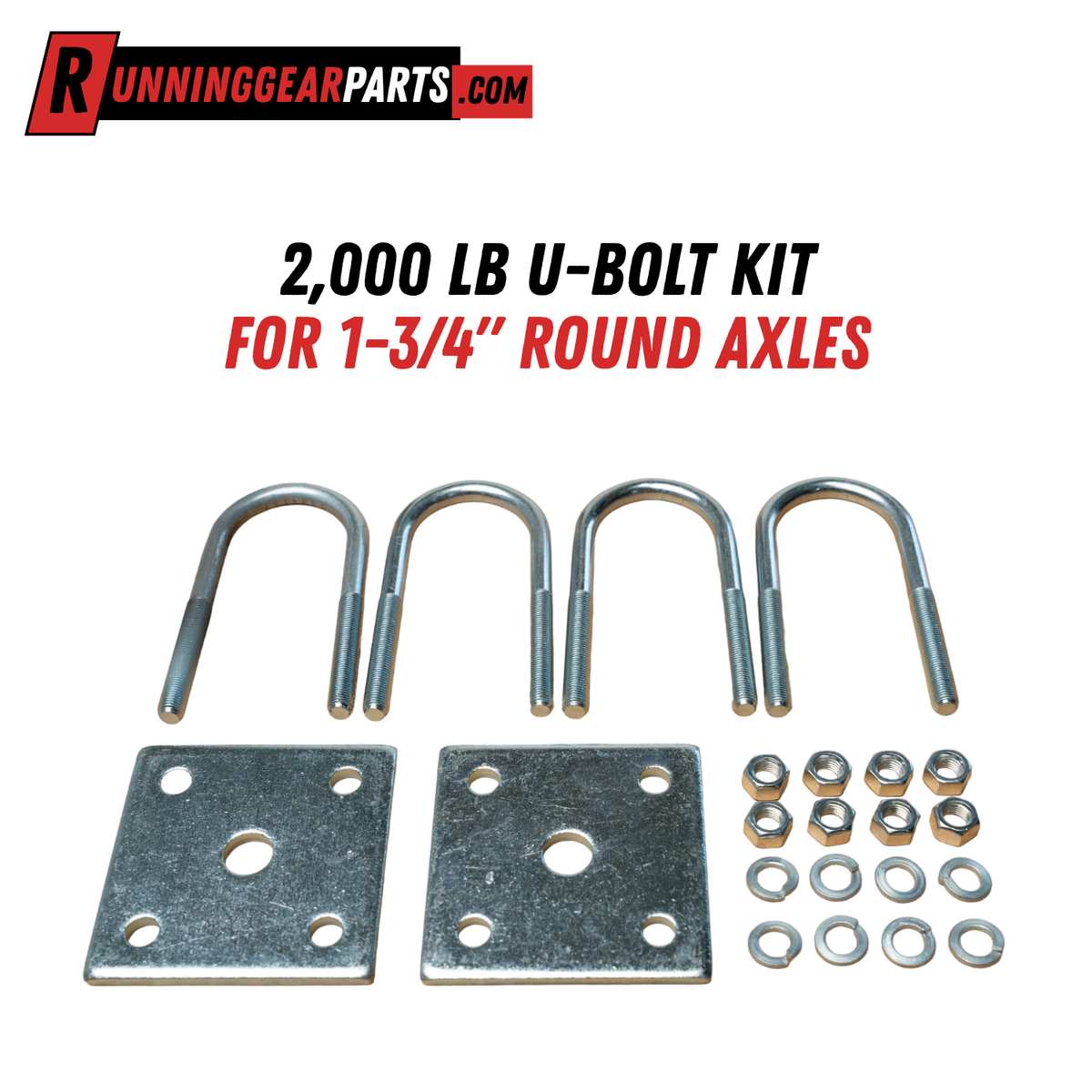 RGP 2,000 lb U-Bolt Kit with four galvanized steel U-bolts, two square tie plates, and silver nuts and washers.