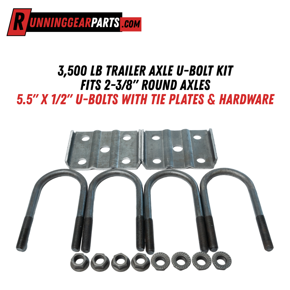 Trailer Axle U-Bolt Kit with four dark steel U-bolts, two zinc-finished tie plates, and eight nuts with lock washers.