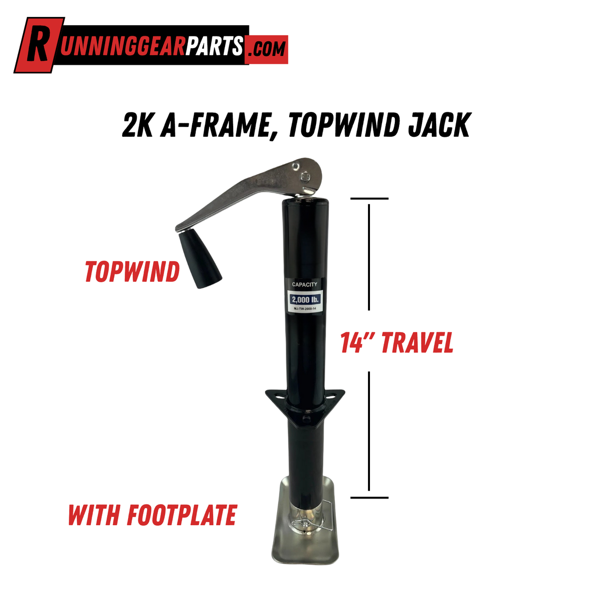 2000 lb A-Frame Trailer Jack 14" Vertical Travel Topwind Handle Foot Plate Black Powder Coat