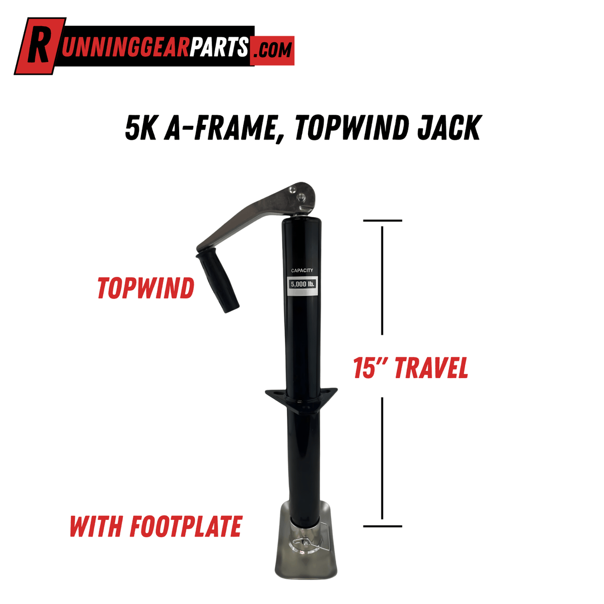 RGP 5000 lb A-frame trailer jack with black powder-coated steel tube, topwind handle and silver foot plate.
