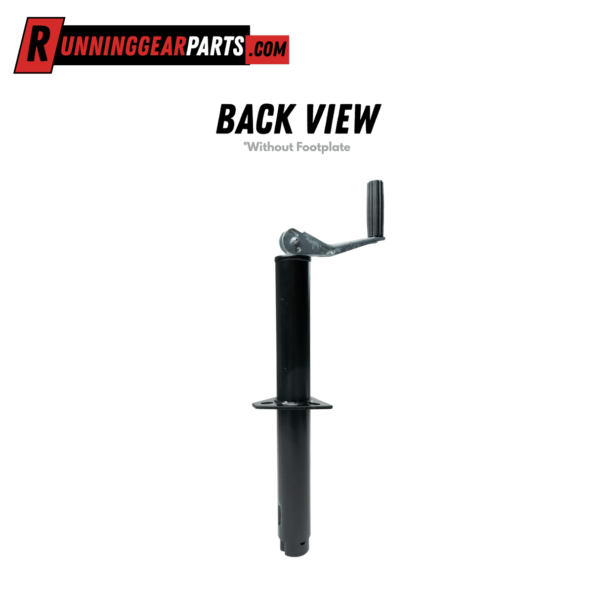 Black powder-coated steel A-frame trailer jack, RGP 5000 lb, with topwind crank handle and long inner tube.