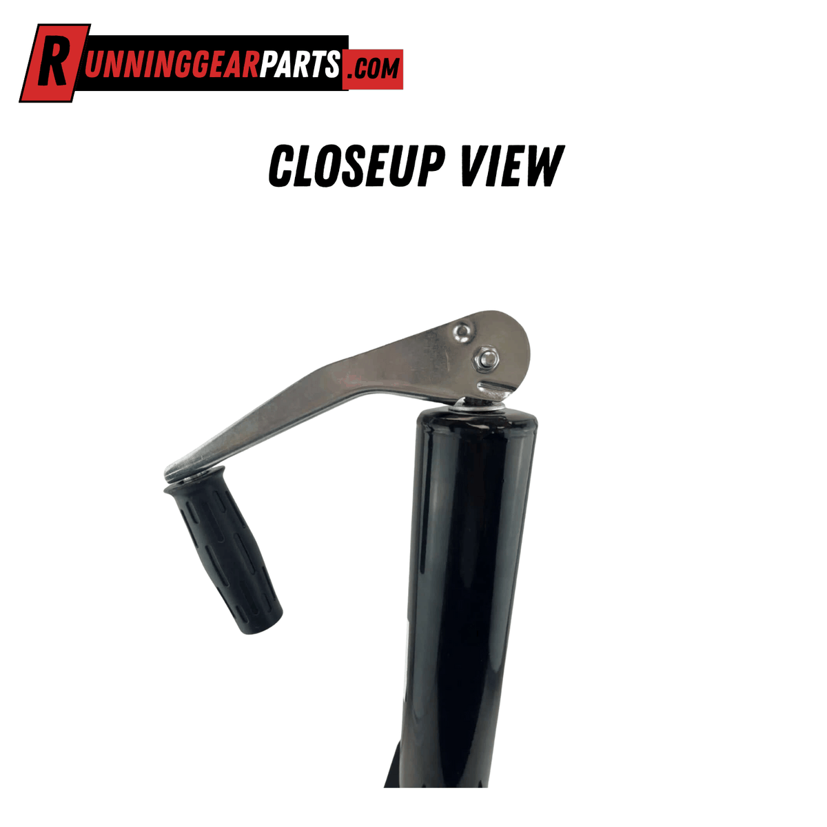 RGP 5000 lb trailer jack with a glossy black steel tube and silver topwind handle with black grip