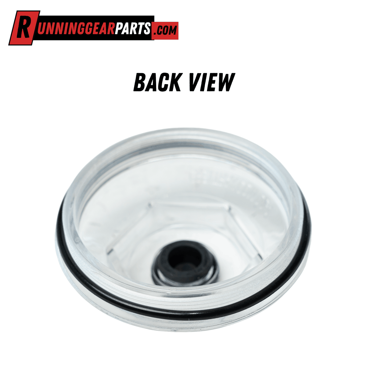 Oil bath hub cap for Dexter 10,000lb HD, clear molded plastic with a black rubber O-ring and central plug opening.