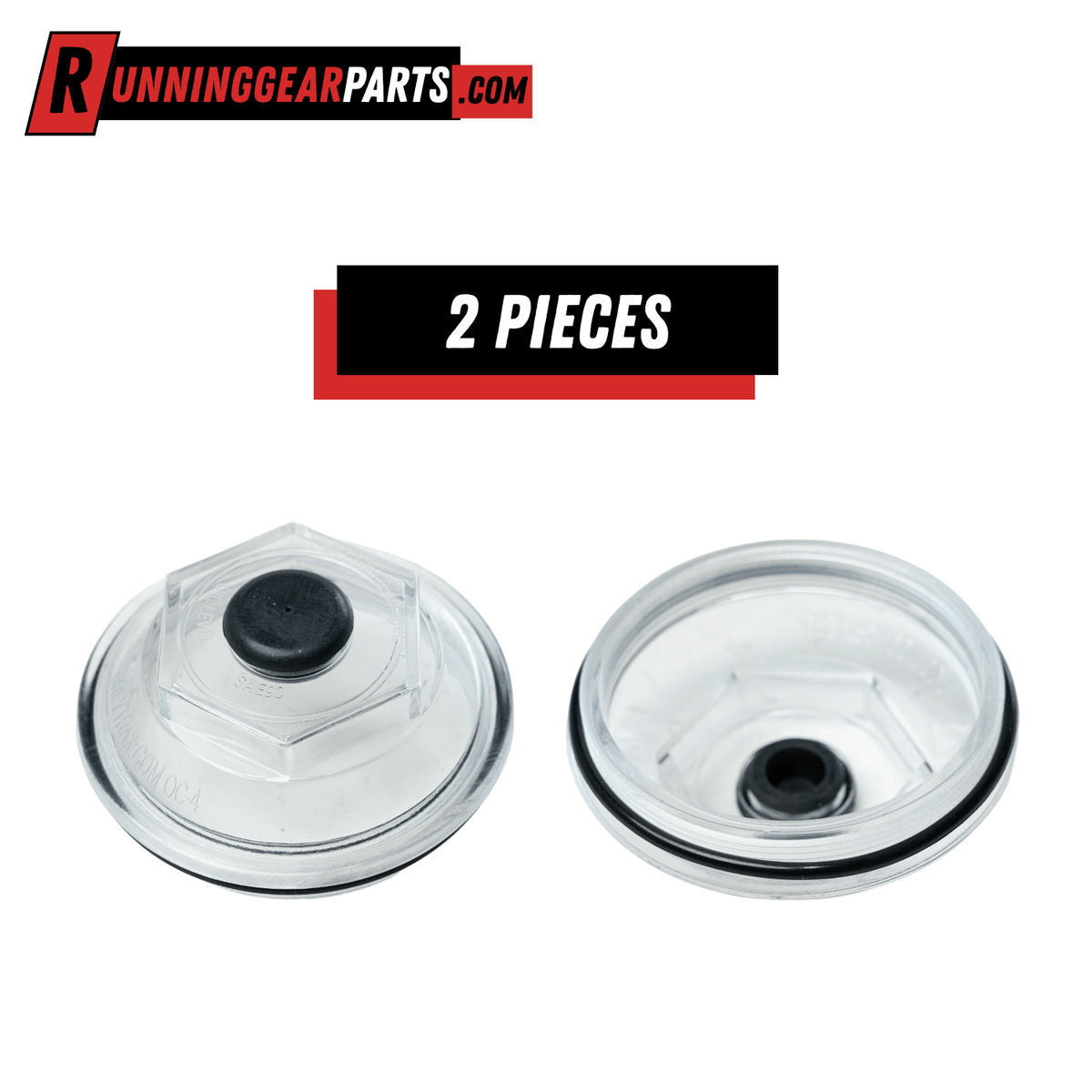 Dexter 10,000lb HD threaded oil bath hub caps, clear plastic with black rubber plugs and sealing rings, two-piece set.