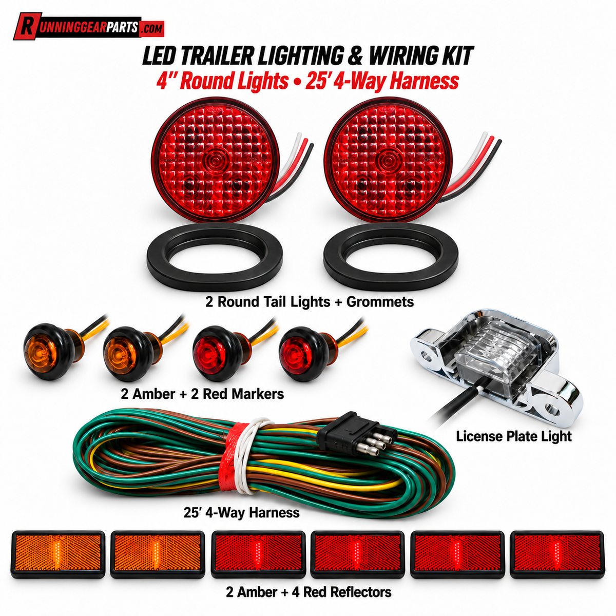 RGP LED Trailer Lighting & Wiring Kit — 4″ Round Tail Lights, Side Markers, Reflectors & 25′ 4-Way Harness