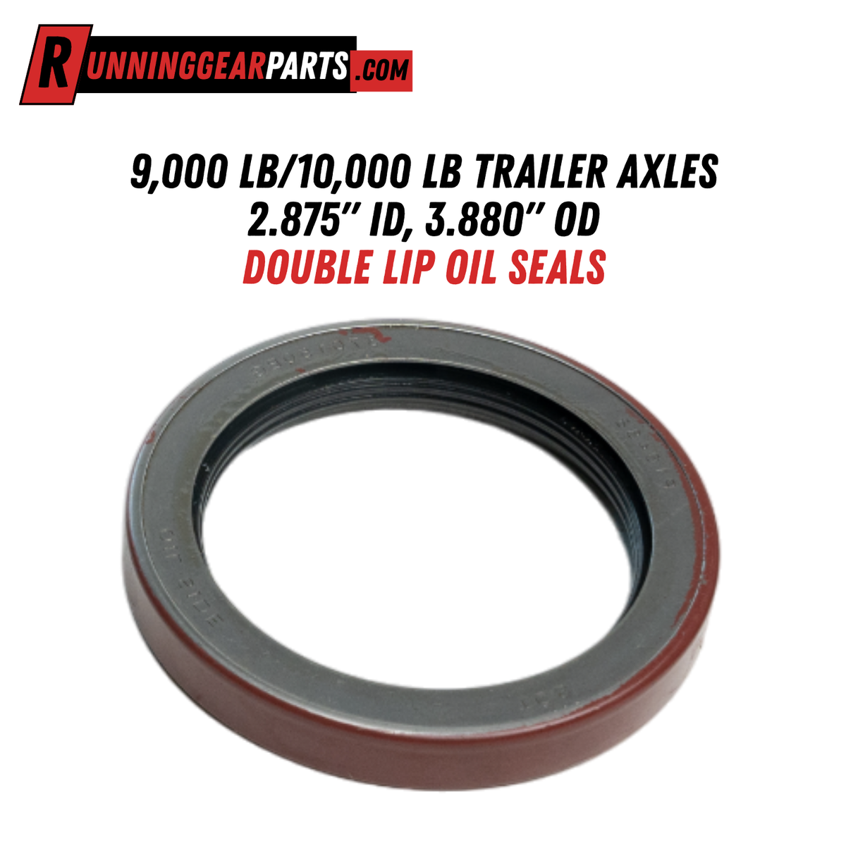 Trailer axle oil seal with a dark gray metal ring, black double sealing lips, and a reddish-brown outer edge for trailer axles.