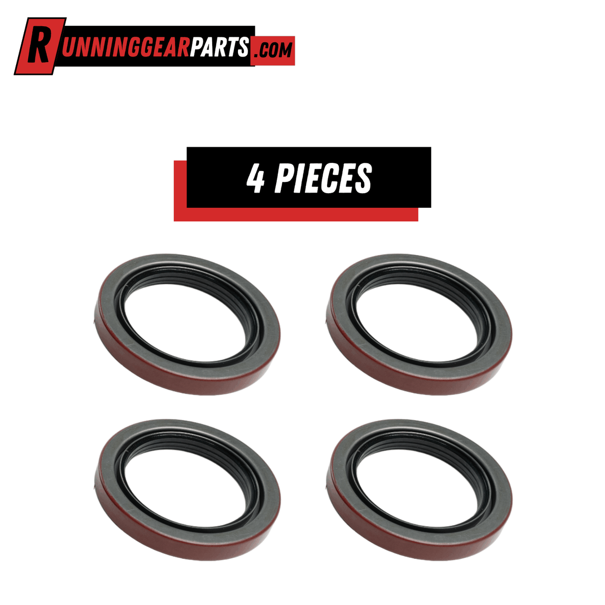 Trailer Axles Oil Seals, four black rubber and metal unitized rings with circular openings and red-brown outer edges.