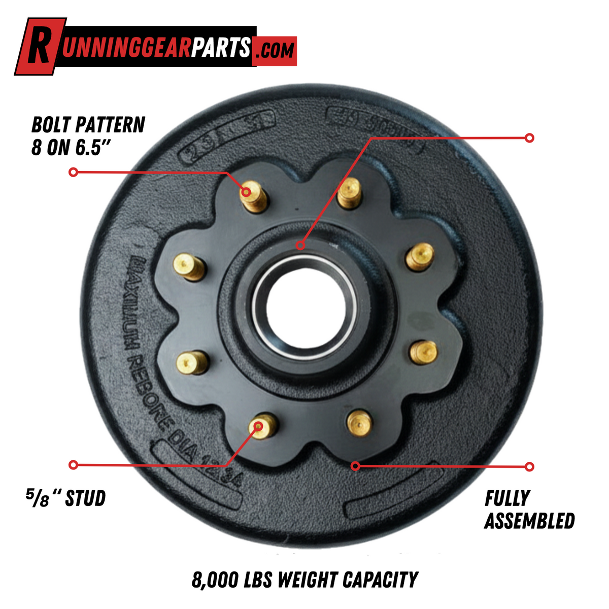 8,000 lb Trailer Hub & Drum Assembly, 8 on 6.5", 5/8" Studs, 12-1/4" x 3-3/8" Brakes