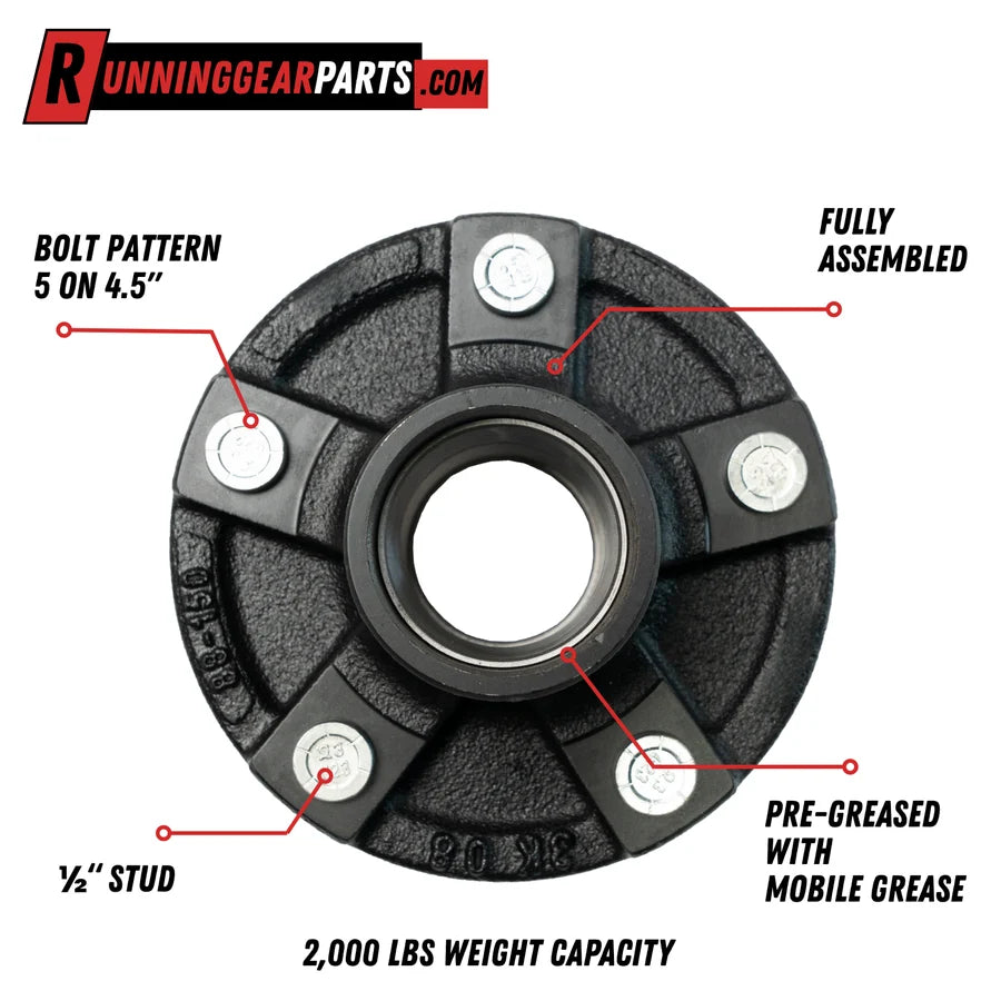 RGP Trailer Idler Hub Assembly, 2,000 lb Axle, 5 on 4-1/2" Bolt Pattern, 1/2" Studs, L44649 Bearings