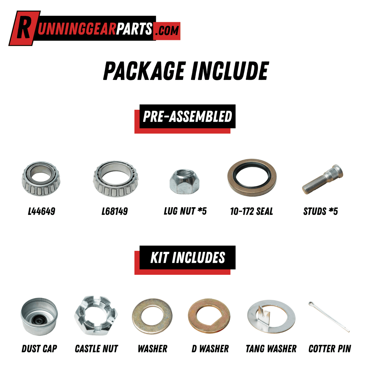 RGP 3,500 lb Trailer Idler Hub Kit with silver bearings, studs and hardware, including a black-rimmed grease seal.