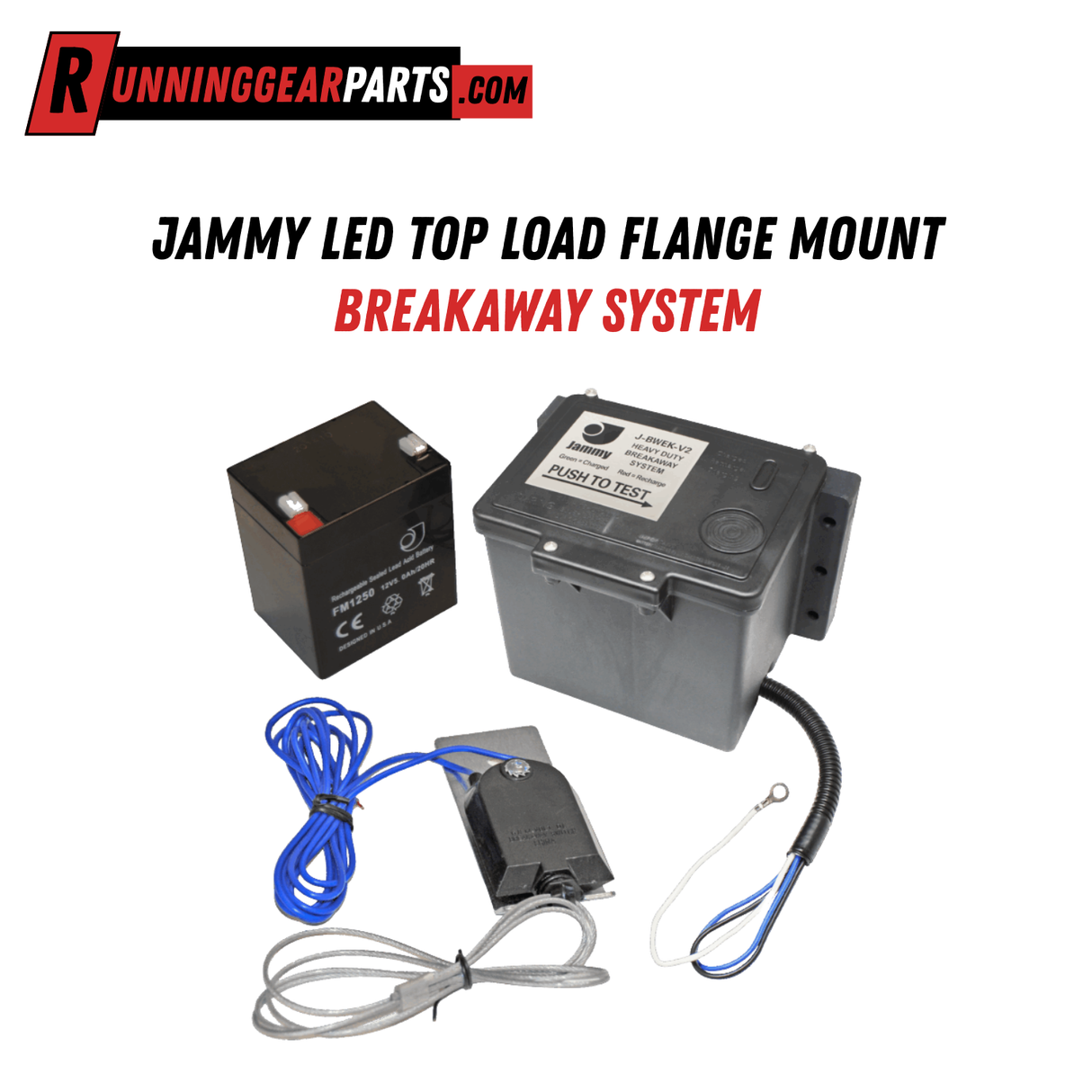 Jammy LED Top Load Flange Mount Breakaway System, with 1 2 Volt 5 Amp Battery, Dual Use Junction Box, LED Charge Indicator Lights with Test Button, J-ELEC Breakaway Switch, J-BWEK-V2