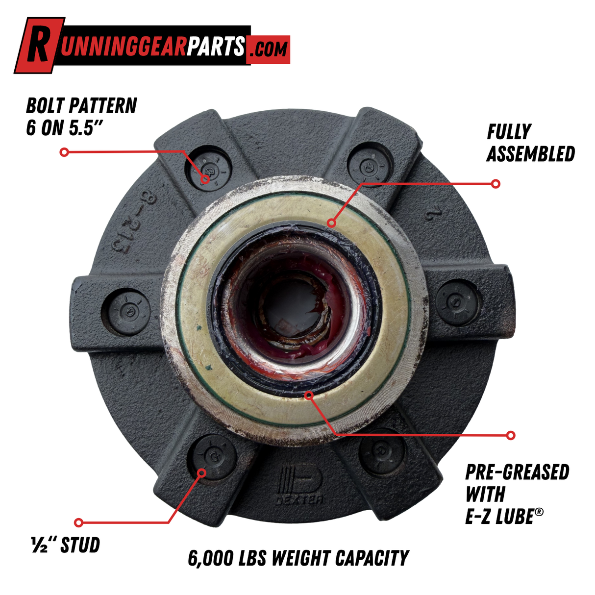 Dexter 6,000 lb Trailer Axle Pre-Greased Idler Hub Kit, 6 on 5-1/2" Bolt Pattern, #42 Spindle, 1/2" Stud, K08-213-2G, 2.25" Seal