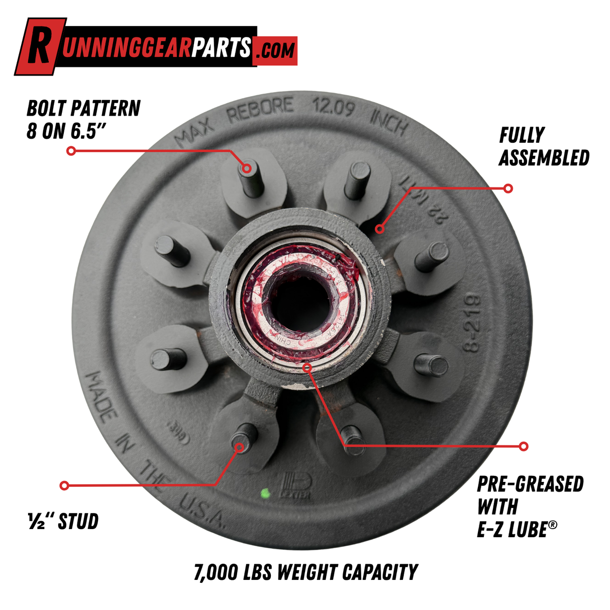 Dexter 5,200 - 7,000 lb Trailer Axle Pre-Greased Trailer Hub Drum Assembly, 8 on 6-1/2" Bolt Pattern, 1/2" Studs, K08-219-1G