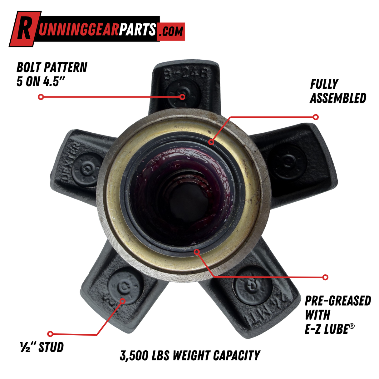 Dexter 3,500 Lb Trailer Axle Idler Hub Kit, 5 on 4-1/2" bolt pattern, 1/2" Stud, Pre-Greased, K08-248-1G