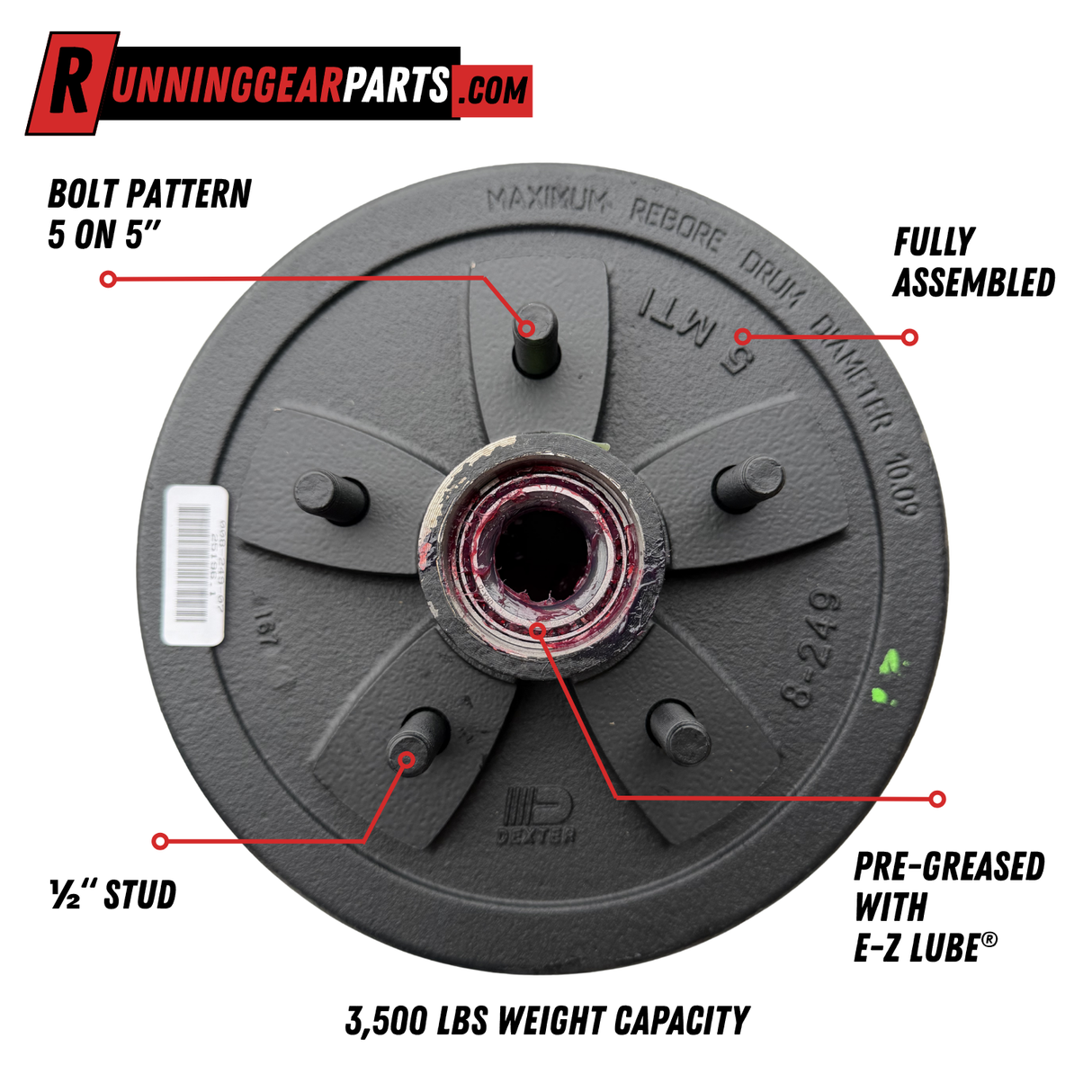 Dexter 3,500 lb Trailer Axles Pre-Greased Hub and Drum Assembly, 5 on 5" Bolt Circle, 1/2"Studs, K08-249-1G, #84 Spindle, 1.718" Seal