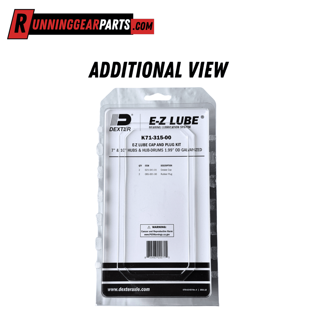 Dexter 3,500 lb Axle E-Z Lube cap and plug kit in clear blister packaging with a printed white label.