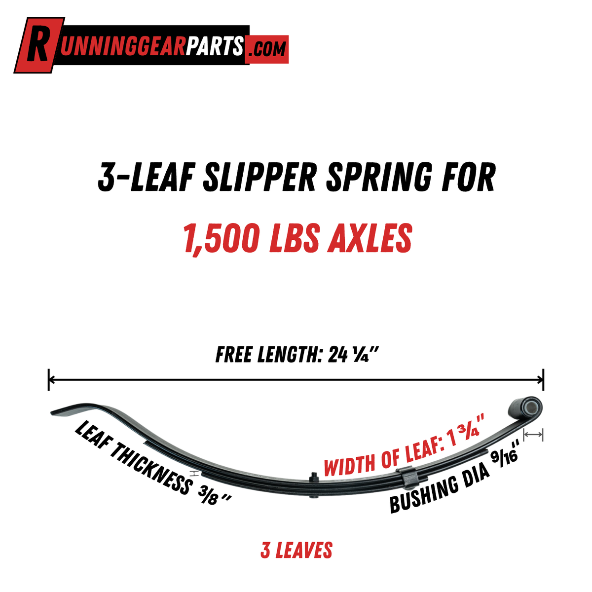 Trailer slipper spring for RGP 1,500lb Trailer Axles, black steel with three curved leaves and a rounded slipper end.