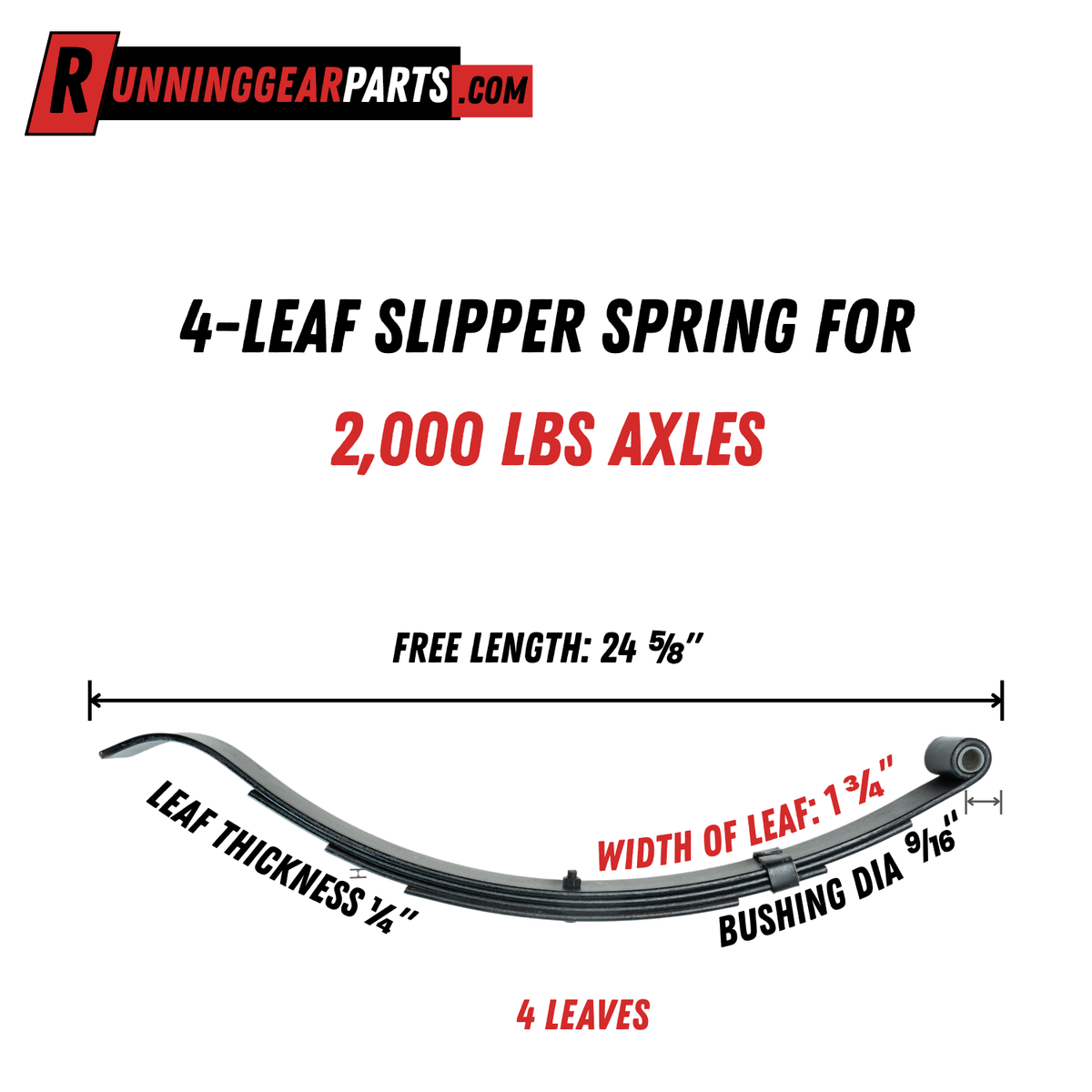 Four-leaf slipper trailer spring made of dark steel, with a curved radius end, nylon bushing, and 1-3/4-inch width for a 2,000 lb Axle.