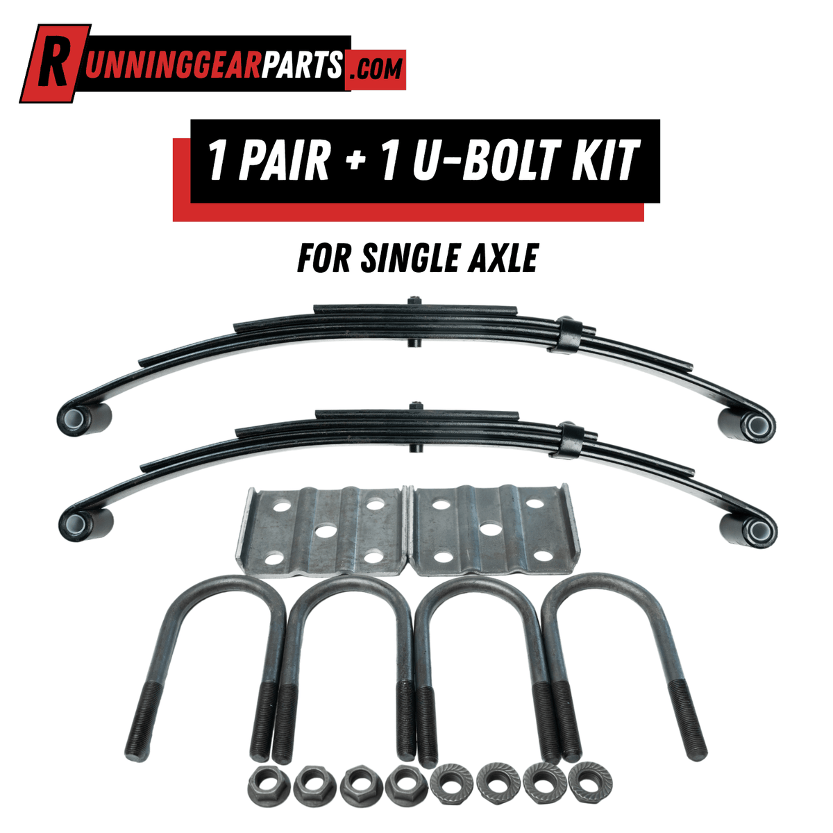 RGP 3,500 lb Axles trailer spring kit with two black curved leaf springs, silver tie plates, U-bolts, and nuts.