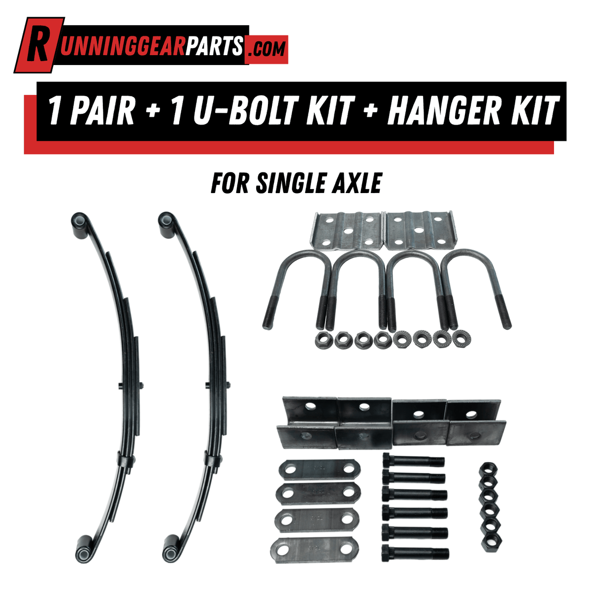 RGP 3,500 lb Axles suspension kit with black curved leaf springs, steel U-bolts, plates, hangers, and hardware