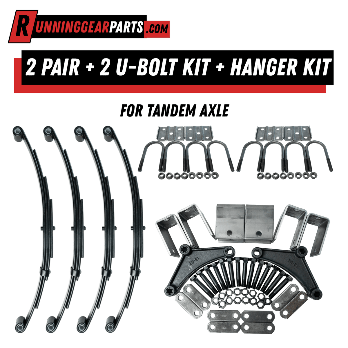 RGP 3,500 lb Axles tandem trailer suspension kit with black leaf springs, steel U-bolts, hangers, and hardware