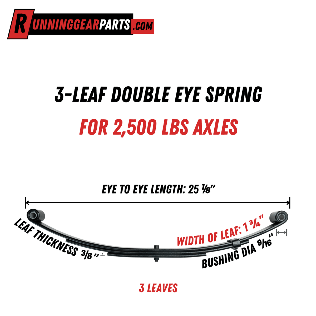 3-leaf double eye spring made of black steel, with three curved leaves and round eyes at both ends for 2,500 lb axles.