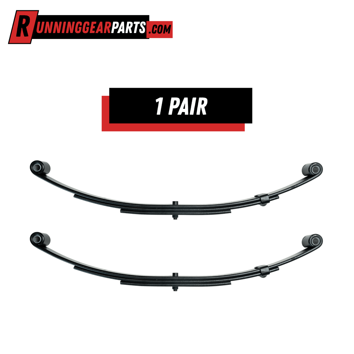 Pair of black steel 3-leaf double eye spring components, with curved stacked leaves, eyelet ends and center clips.