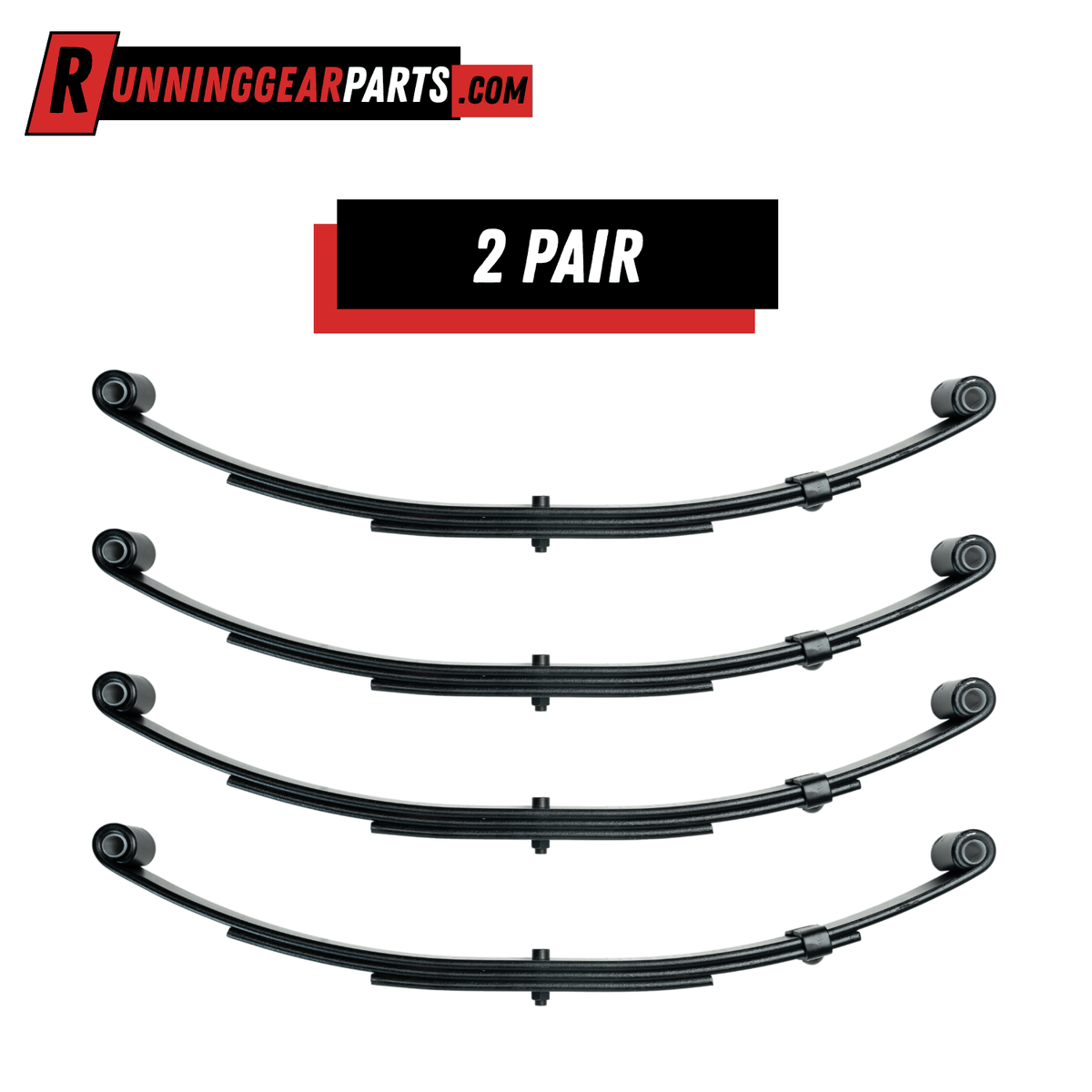 Black steel 3-leaf double eye spring set with curved layered leaves, round mounting eyes, and central retaining clips; four springs shown.