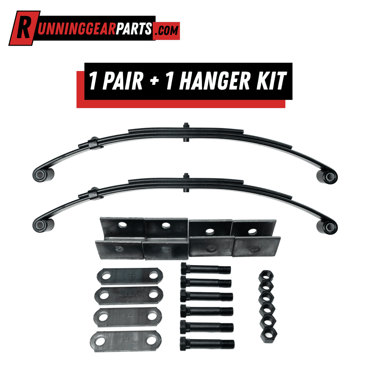 3-leaf double eye spring kit with two black steel leaf springs, metal hangers, shackle links, bolts and nuts.