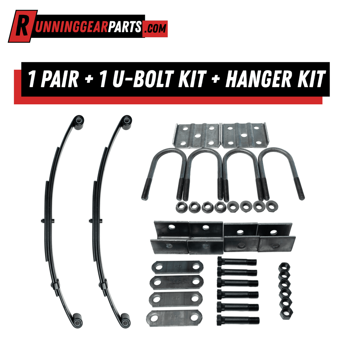 Trailer spring kit with 3-leaf double eye spring pair, black steel leaves, U-bolts, hangers, shackles, bolts and plates