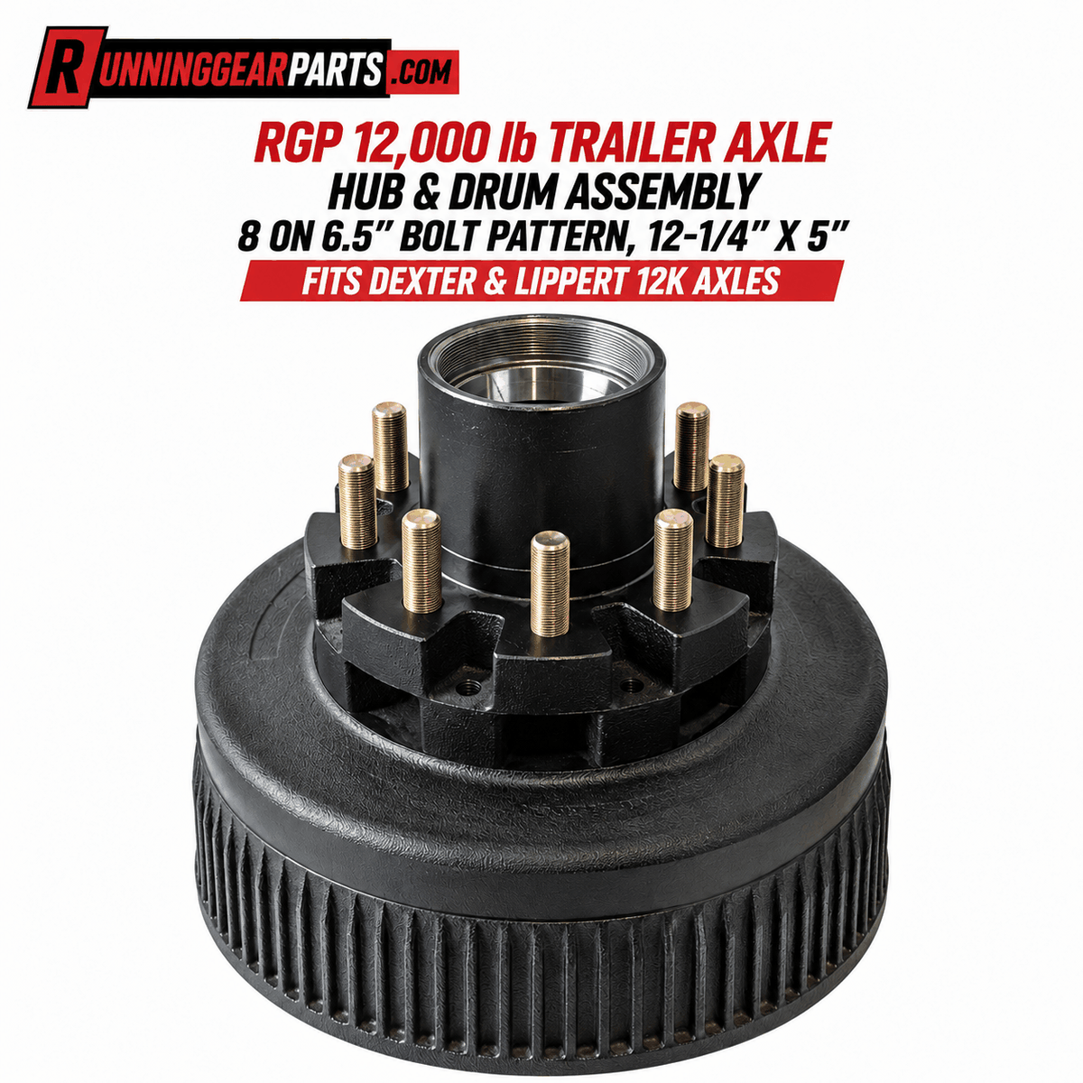Trailer Hub & Drum Assembly, black cast-metal ribbed drum with a raised hub, silver center bore, and gold wheel studs