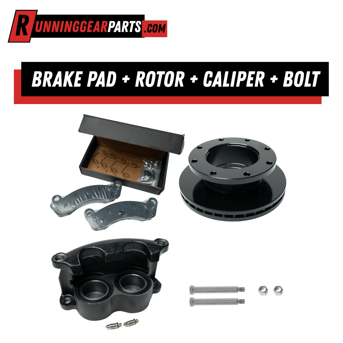 Hydraulic Disc Brake Pad Kit with black caliper, dark metal rotor, silver pads and bolts, plus small hardware.