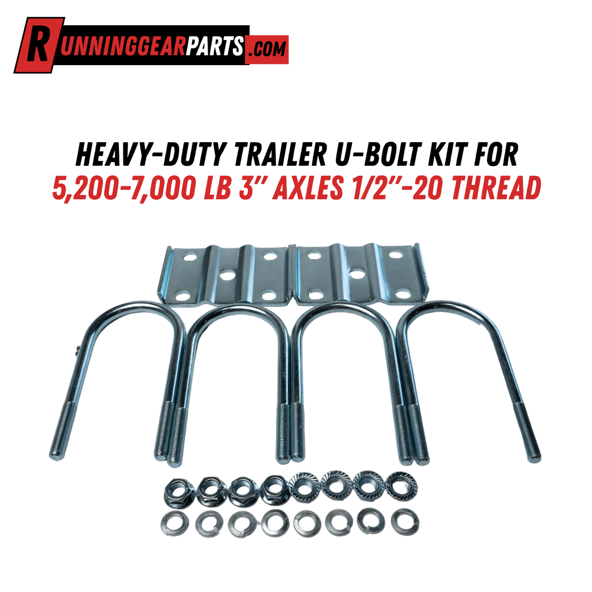 Heavy-Duty Trailer U-bolt Kit with four silver steel U-bolts, a ribbed tie plate, nuts and washers.