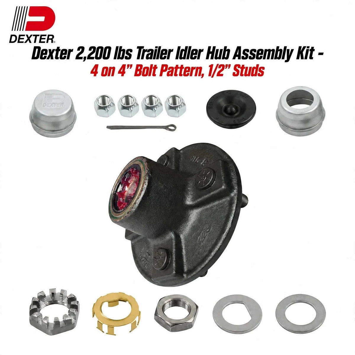 Trailer idler hub assembly kit in black painted metal with silver hardware, four studs, grease caps and bearing visible; Dexter 2,200 lbs Trailer Idler Hub Assembly Kit