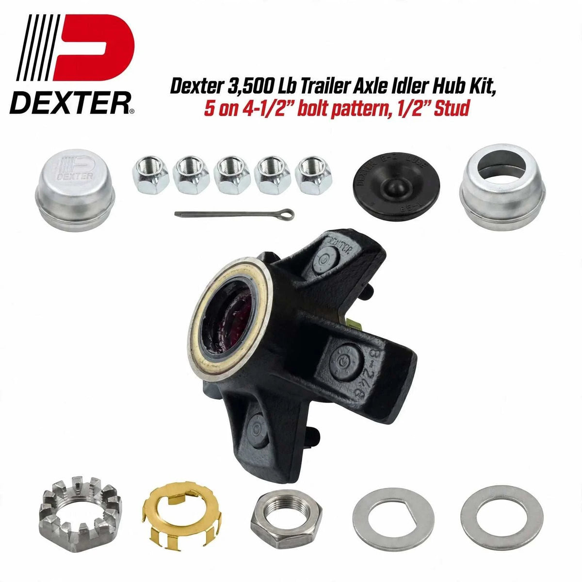 Dexter 3,500 Lb Trailer Axle idler hub kit with a black painted hub, silver hardware, grease caps, studs, and nuts.