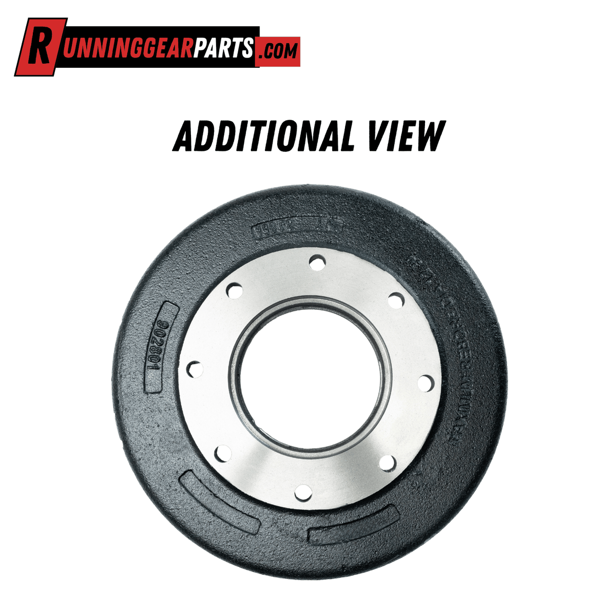 12.25" x 5" brake drum with a black textured cast-metal exterior, silver machined face, and eight bolt holes.