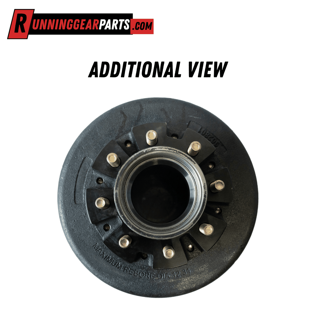 Hub & Drum Assembly in black metal, shown with a central opening and eight silver wheel studs around the hub.