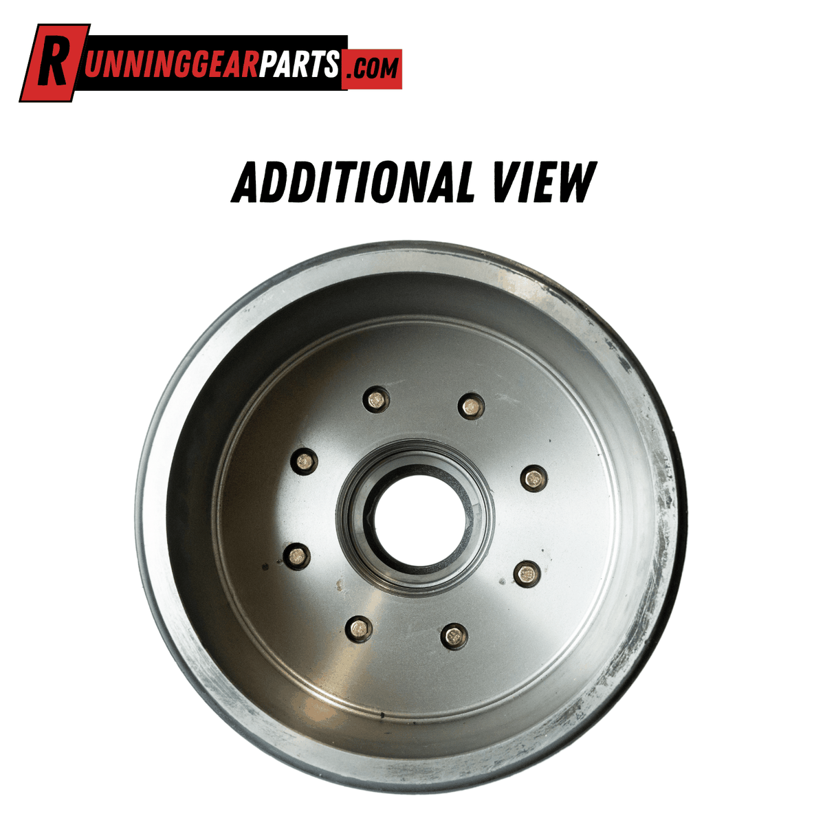 Hub & Drum Assembly with a silver metal brake drum, circular face, central opening and eight wheel studs.