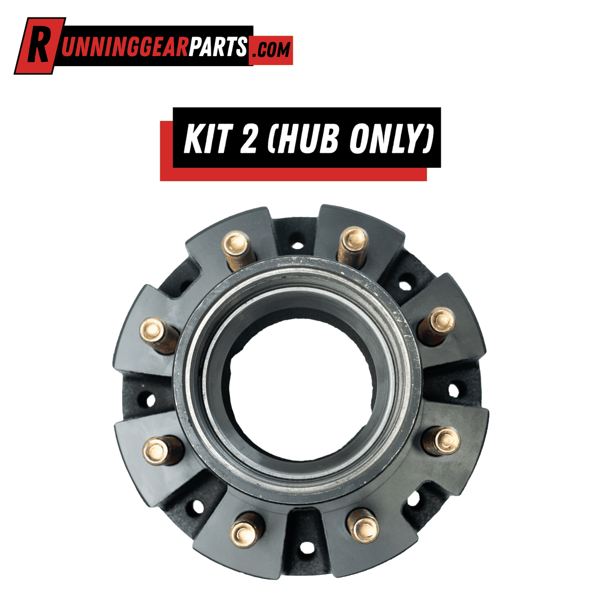 Trailer axle hub with dark metal finish and eight gold-toned studs; Fit Dexter 9,000-10,000 lb Axles, hub only.